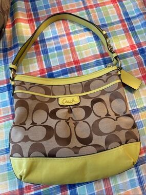 Coach Brown Signature Park Hobo with Yellow Trim